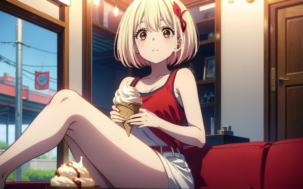 Chisato Nishikigi, short hair, bangs, Blonde, (Red eyes:1.5), Bobcut,smile,Open your mouth,Sweat,Red Tank Top,Shorts,barefoot,barefoot,Sitting on the sofa,Holding an ice cream in one hand,Eating ice cream,Daytime,True Summer,whole bodyがイラストに入るように,
break outdoors,room,
break looking at viewer, whole body,
break (masterpiece:1.2), Highest quality, High resolution, unity 8k wallpaper, (figure:0.8), (Beautiful attention to detail:1.6), Highly detailed face, Perfect lighting, Highly detailed CG, (Perfect hands, Perfect Anatomy),