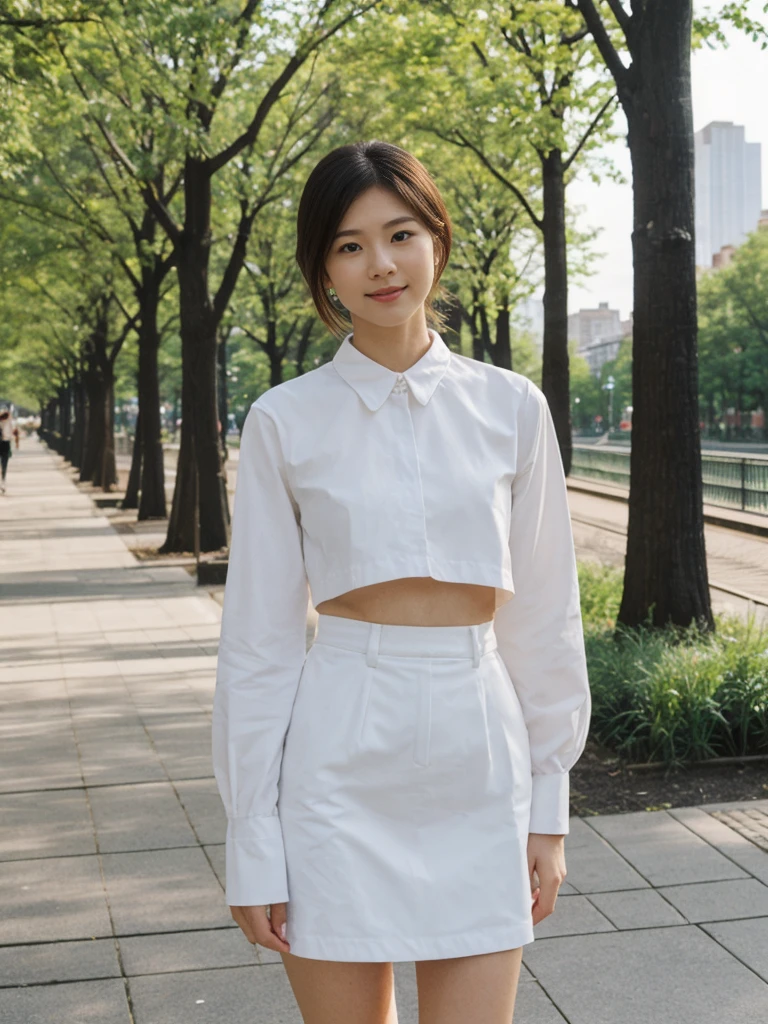 her name is Asako, high quality, 1girl, ((20-year-old fit Caucasian woman)), ((20 years old)), ((slim)), ((Hime Cut)), pose: standing, wearing stylish fashionable Generation-Z modern wear PASTEL colored, BACKGROUND: At the High Line, a linear park built on a historic freight rail line with views of the Hudson River and city streets.