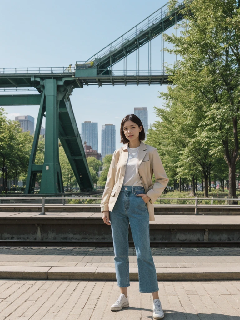 her name is Asako, high quality, 1girl, ((20-year-old fit Caucasian woman)), ((20 years old)), ((slim)), ((Hime Cut)), pose: standing, wearing stylish fashionable Generation-Z modern wear PASTEL colored, BACKGROUND: At the High Line, a linear park built on a historic freight rail line with views of the Hudson River and city streets.