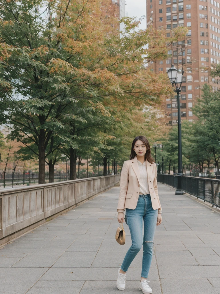 her name is Asako, high quality, 1girl, ((20-year-old fit Caucasian woman)), ((20 years old)), ((slim)), ((Hime Cut)), pose: standing, wearing stylish fashionable Generation-Z modern wear PASTEL colored, BACKGROUND: At the High Line, a linear park built on a historic freight rail line with views of the Hudson River and city streets.