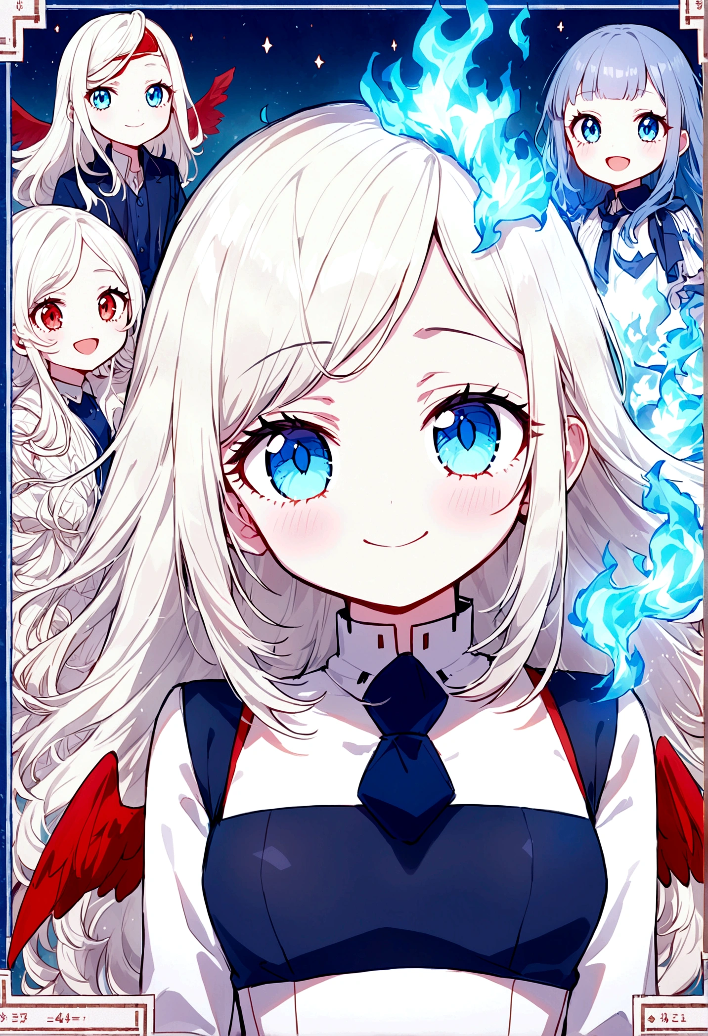 Boku no hero anime one with long hair half white and half light blue with one blue eye and the other red, delicate bangs covering the forehead with strands going up to the neck age:14 years style: gentle shy childlike appearance smiling height 1,54 power: blue fire and decay and red wings