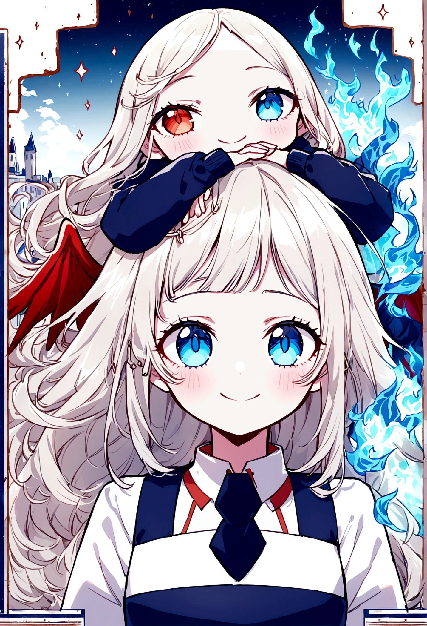 Boku no hero anime one with long hair half white and half light blue with one blue eye and the other red, delicate bangs covering the forehead with strands going up to the neck age:14 years style: gentle shy childlike appearance smiling height 1,54 power: blue fire and decay and red wings 