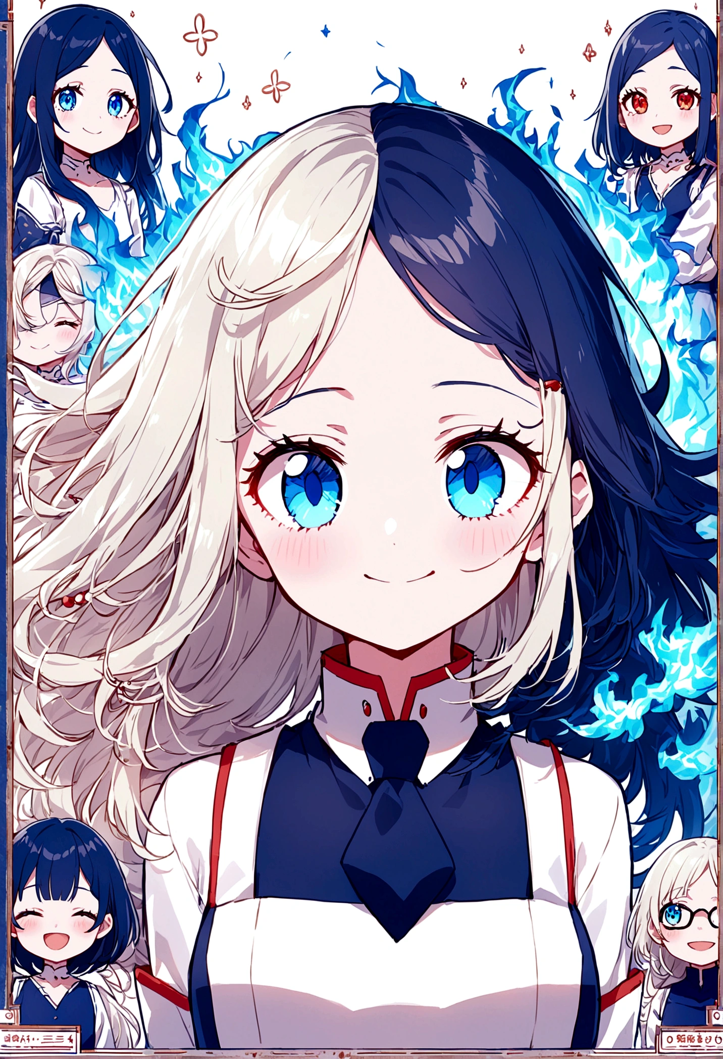 Boku no hero anime one with long hair half white and half light blue with one blue eye and the other red, delicate bangs covering the forehead with strands going up to the neck age:14 years style: gentle shy childlike appearance smiling height 1,54 power: blue fire and decay and red wings