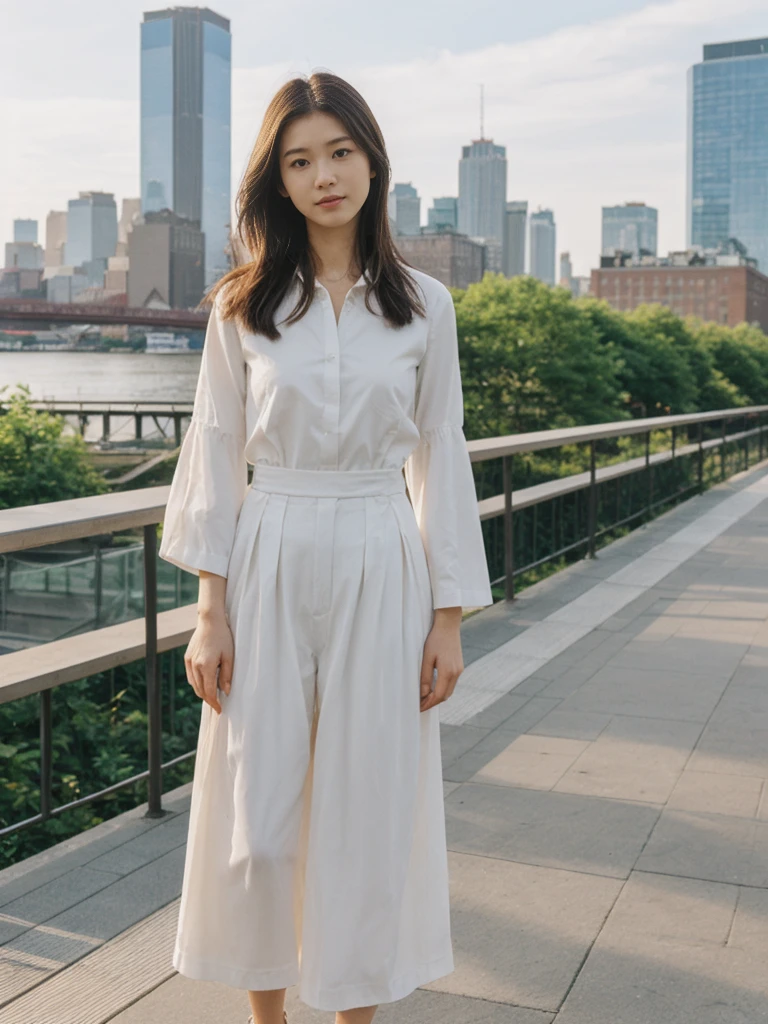 her name is Asako, high quality, 1girl, ((20-year-old fit Caucasian woman)), ((20 years old)), ((slim)), ((Hime Cut)), pose: standing, wearing stylish fashionable Generation-Z modern wear PASTEL colored, BACKGROUND: At the High Line, a linear park built on a historic freight rail line with views of the Hudson River and city streets.