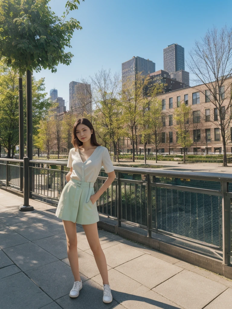 her name is Asako, high quality, 1girl, ((20-year-old fit Caucasian woman)), ((20 years old)), ((slim)), ((Hime Cut)), pose: standing, wearing stylish fashionable Generation-Z modern wear PASTEL colored, BACKGROUND: At the High Line, a linear park built on a historic freight rail line with views of the Hudson River and city streets.