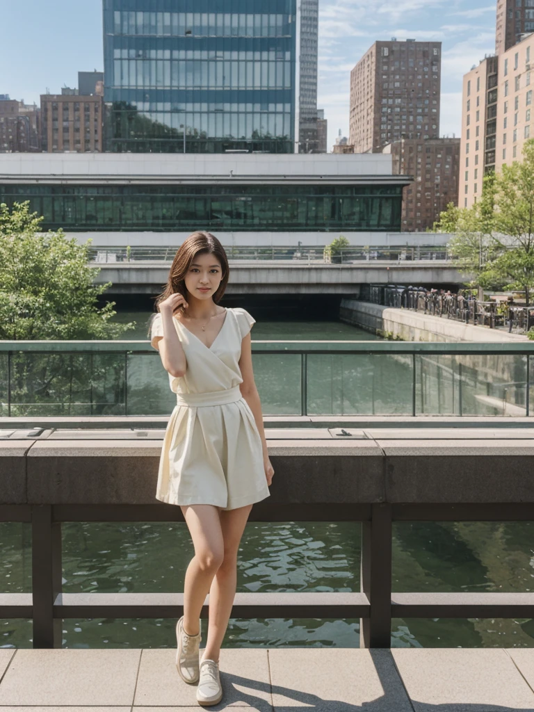 her name is Asako, high quality, 1girl, ((20-year-old fit Caucasian woman)), ((20 years old)), ((slim)), ((Hime Cut)), pose: standing, wearing stylish fashionable Generation-Z modern wear PASTEL colored, BACKGROUND: At the High Line, a linear park built on a historic freight rail line with views of the Hudson River and city streets.