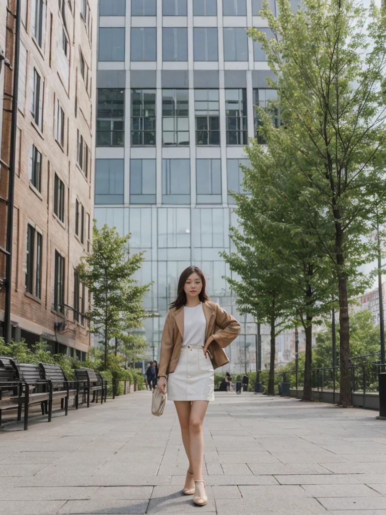 her name is Asako, high quality, 1girl, ((20-year-old fit Caucasian woman)), ((20 years old)), ((slim)), ((Hime Cut)), pose: standing, wearing stylish fashionable Generation-Z modern wear PASTEL colored, BACKGROUND: At the High Line, a linear park built on a historic freight rail line with views of the Hudson River and city streets.