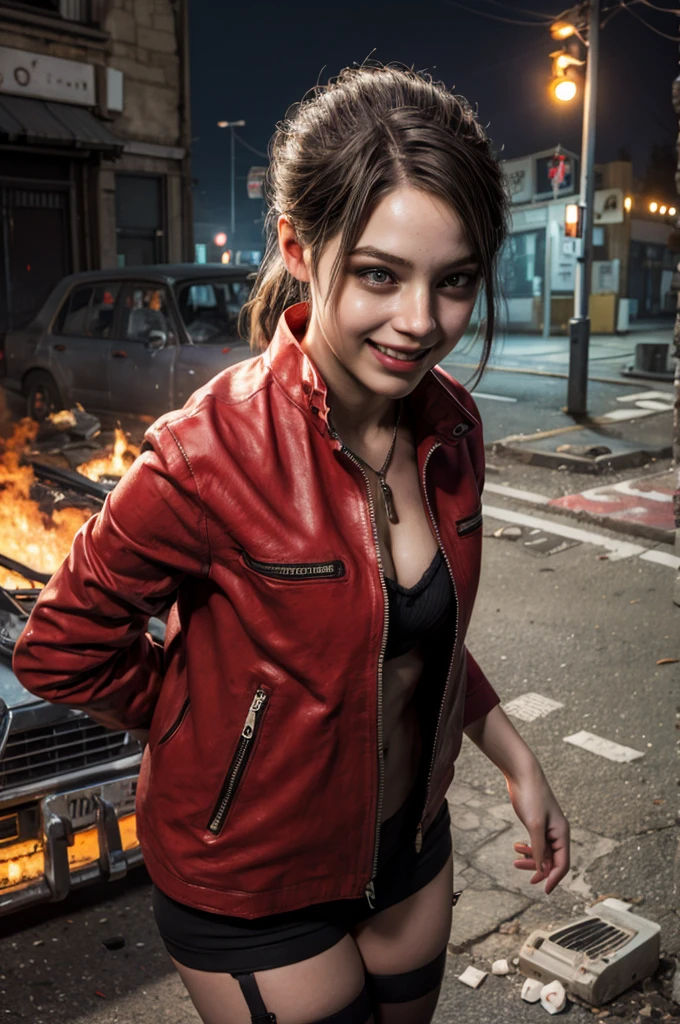 1girl, (realistic),(hyperrealism),(best quality),(masterpiece),(ultra high res),(photorealistic),idol,eye makeup,detailed eyes,detailed face, claireredfield2, brown hair, (red jacket:1.2), ponytail,,  red wristband,,  abandoned street, burning cars in background, littered street, smoke, chaos, zombie apocalypse, daytime, sunny,,  looking at viewer, smiling, closeup shot,,  sexy pose, seductive, flirting, sexy lingerie, sexy stockings, lingerie suspenders