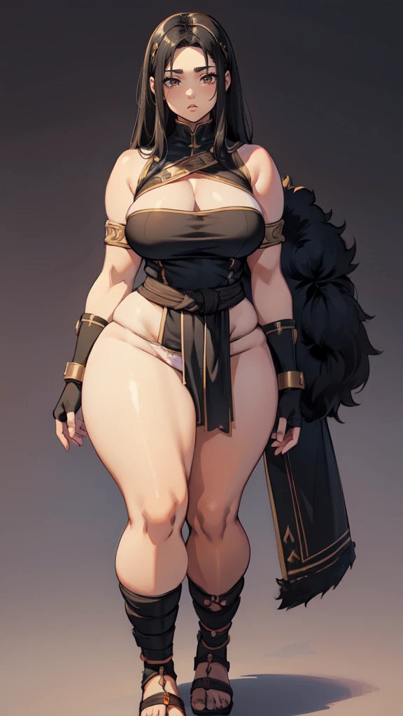 (masterpiece), best quality, female warrior, dark fantasy, huge girl, female muscular:1.2, black hair, (curvy:1.7), ((thick thighs:1.4)), (((blank background))), ((full body)), fingerless gloves, sandals, sleeveless, (straight  hair), (loincloth), (fur top) , strapless top