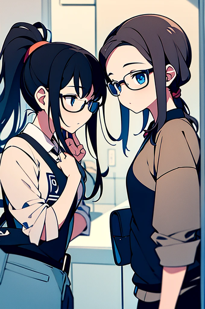 A GIRL WITH GLASSES WITH A PONYTAIL NEXT TO ANOTHER GIRL WITHOUT GLASSES WITH LOOSE AND WAVY HAIR.
GOING TO A STORE TO BUY WATER