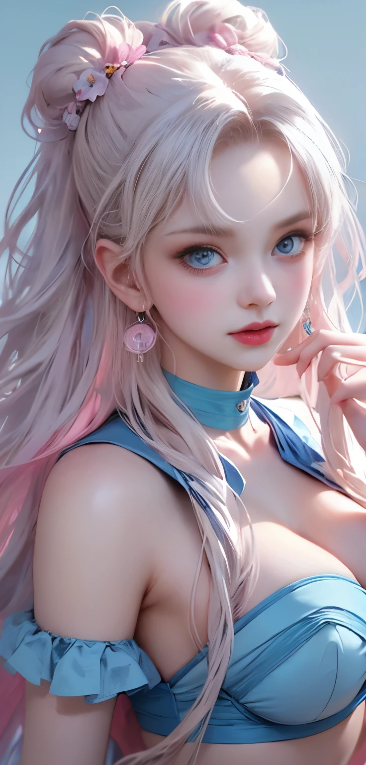 Light blue and red color scheme， nipple，little body，Petite，White curly hair, high detail, best quality, supper detail, detail eyes, pink pussy, simple background, 5/6 body