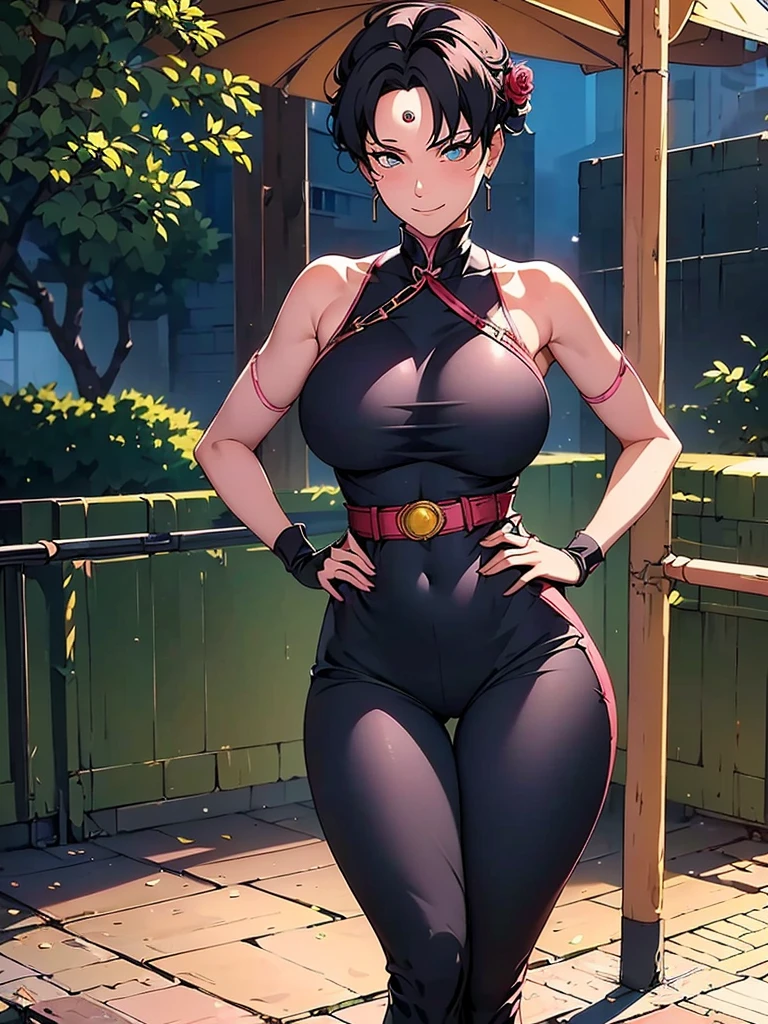 Best quality, 4k, high resolution, body stuck dress, perfect smile, gorgeous, light skin, ahegao face(hentai face) ,black hair, wears a pink sleeveless qipao-style blouse with red sleeve trimmings and yellow fastening buttons, wearing dark ref pants complement the ensemble, (sports red sandals), black fingerless gloves, wearing bodystuck top(wearing long pink bloud ), clothes are stuck in body, bodyfit outfit,1 girl, solo, seductive look, elegance and charm, (masterpiece, best quality, high resolution), looking at the viewer, standing, (intricate and beautiful:1.2), (detailed light:1.2), (soft light, side light), (high resolution textures) , holding leash in hand(chain leash), outdoor, Burmese girl,wearing short  jean pants(black colour) with white line ,wearing gorgeous jewelary, wearing harness over the outfit ,outdoor background, sun light, attractive, sexy, mature and hot, young,(masterpiece:1.3), (disorganized:1.3), (highest quality:1.3), perfect anatomy, detailed face, front view, perfect right hands, looking at viewer, (Super detailed:1.3), (best shadow:0.7), (treated hair), fine eyes, beautiful eyes, young aged woman, alone, standing, crystal earrings,closed_mouth, , outdoors,Thick thighs, arrogant face, small 