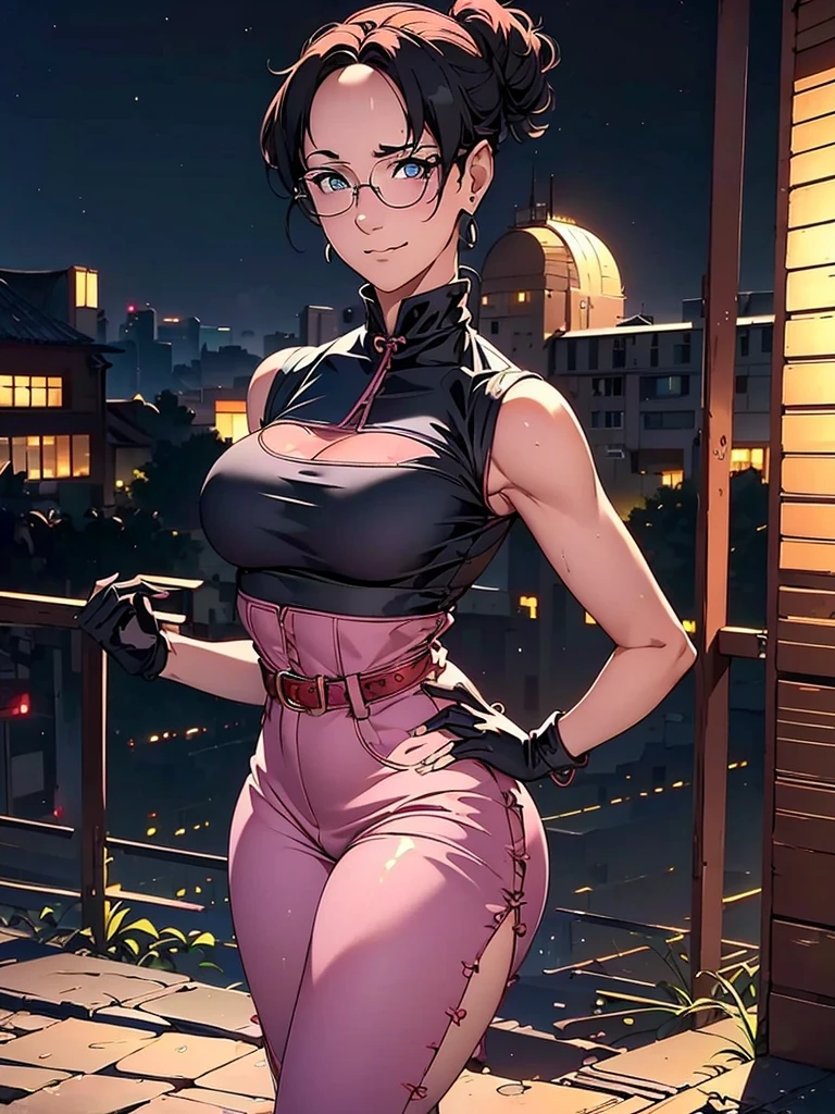 Best quality, 4k, high resolution, body stuck dress, perfect smile, gorgeous, light skin, ahegao face(hentai face) ,black hair, wears a pink sleeveless qipao-style blouse with red sleeve trimmings and yellow fastening buttons, wearing dark ref pants complement the ensemble, (sports red sandals), black fingerless gloves, wearing bodystuck top(wearing long pink bloud ), clothes are stuck in body, bodyfit outfit,1 girl, solo, seductive look, elegance and charm, (masterpiece, best quality, high resolution), looking at the viewer, standing, (intricate and beautiful:1.2), (detailed light:1.2), (soft light, side light), (high resolution textures) , holding leash in hand(chain leash), outdoor, Burmese girl,wearing short  jean pants(black colour) with white line ,wearing gorgeous jewelary, wearing harness over the outfit ,outdoor background, sun light, attractive, sexy, mature and hot, young,(masterpiece:1.3), (disorganized:1.3), (highest quality:1.3), perfect anatomy, detailed face, front view, perfect right hands, looking at viewer, (Super detailed:1.3), (best shadow:0.7), (treated hair), fine eyes, beautiful eyes, young aged woman, alone, standing, crystal earrings,closed_mouth, , outdoors,Thick thighs, arrogant face, small 