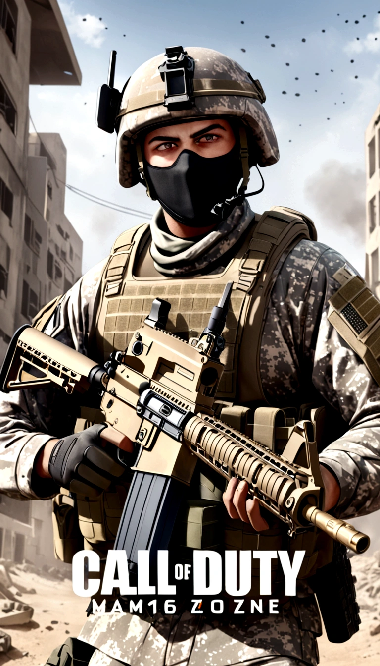 a cyber high tech runing soldier holding a m416 rifle, call of duty poster text behind the soldier, warzone style, my face is visible on poster