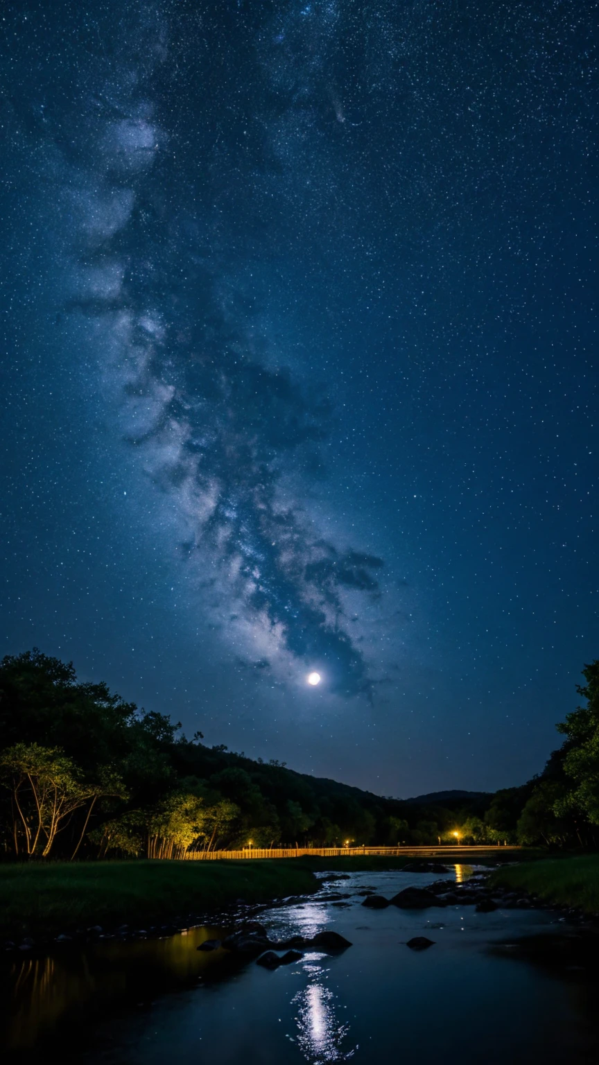 川と山のある風景を描いた星Moonlit Night画, Starry Skyの夜, Night view, Moonlit Night, Twinkling distant stars, Natural scenery at night, moonlight, Moonlit Nightscape, Stars shining in the distance, Starry Sky, Mystical Night、full moon