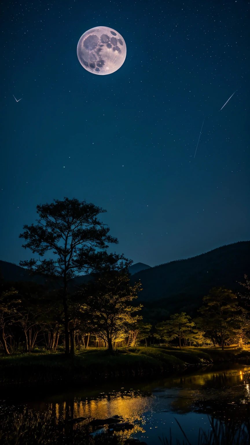 川と山のある風景を描いた星Moonlit Night画,   Starry Skyの夜,  Night view, Moonlit Night, Twinkling distant stars, Natural scenery at night, moonlight, Moonlit Nightscape, Stars shining in the distance, Starry Sky, Mystical Night、full moon