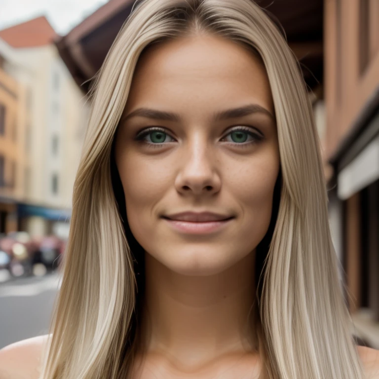 (autophoto, front view: 1.4), (right side of the body: 1.4), RAW uhd photo portrait, (yellowish brown blonde hair), (tiny blonde eyebrows), long straight hair, (angular face: 1.3), (Long Face: 1.4), a 22 year old woman walks through an alley, city by day, T-shirt, (neck), details (Textures!, Hair!, the color white! , contras: 1.2), bright grey green eyes with great details (looking to the camera), Reflective lighting, reflex camera, Ultra quality, sharpness, depth of field, film grain (center), Fujifilm XT3, clear as light,  frame center, beautiful face, sharpness, bokeh (dimly lit), day, (grey sky), detailed skin pores, Oily skin, details complejos de los ojos, whole body, one ear visible, small and long nose, narrow eyes of the same size