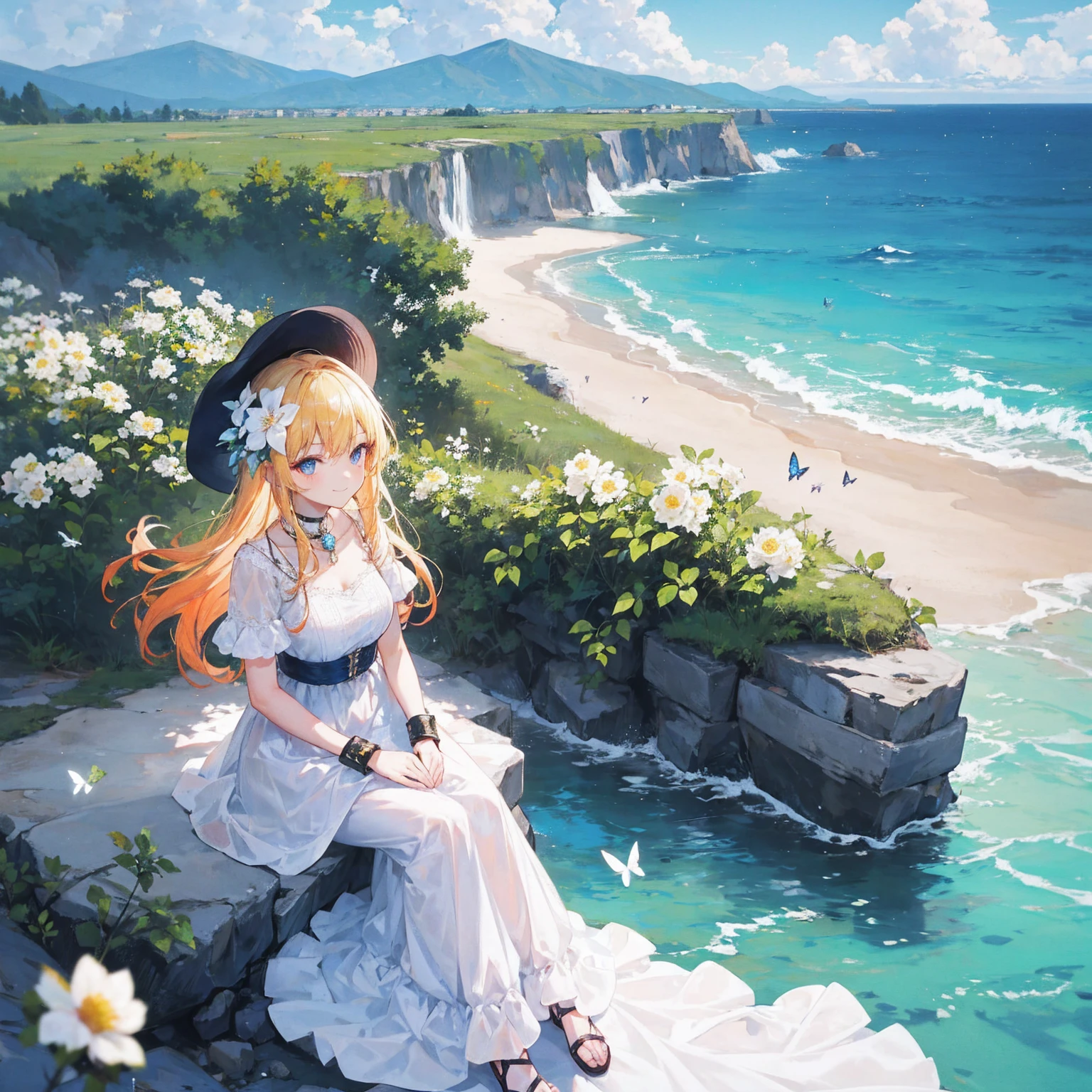 1girl, outdoors, solo, flower, blue eyes, long hair, looking at viewer, long dress, hat, ocean, dress, sitting, white flower, sky, bug, hat flower, day, bangs, butterfly, water, long sleeves, blue sky, rock, cloud, orange dress, blonde hair, horizon, orange headwear, hair ornament, closed mouth, smile, hair flower, short sleeves, looking to the side, bird, scenery, mountainous horizon, red headwear, white dress, Handcuffs on their hands, With a collar around the neck