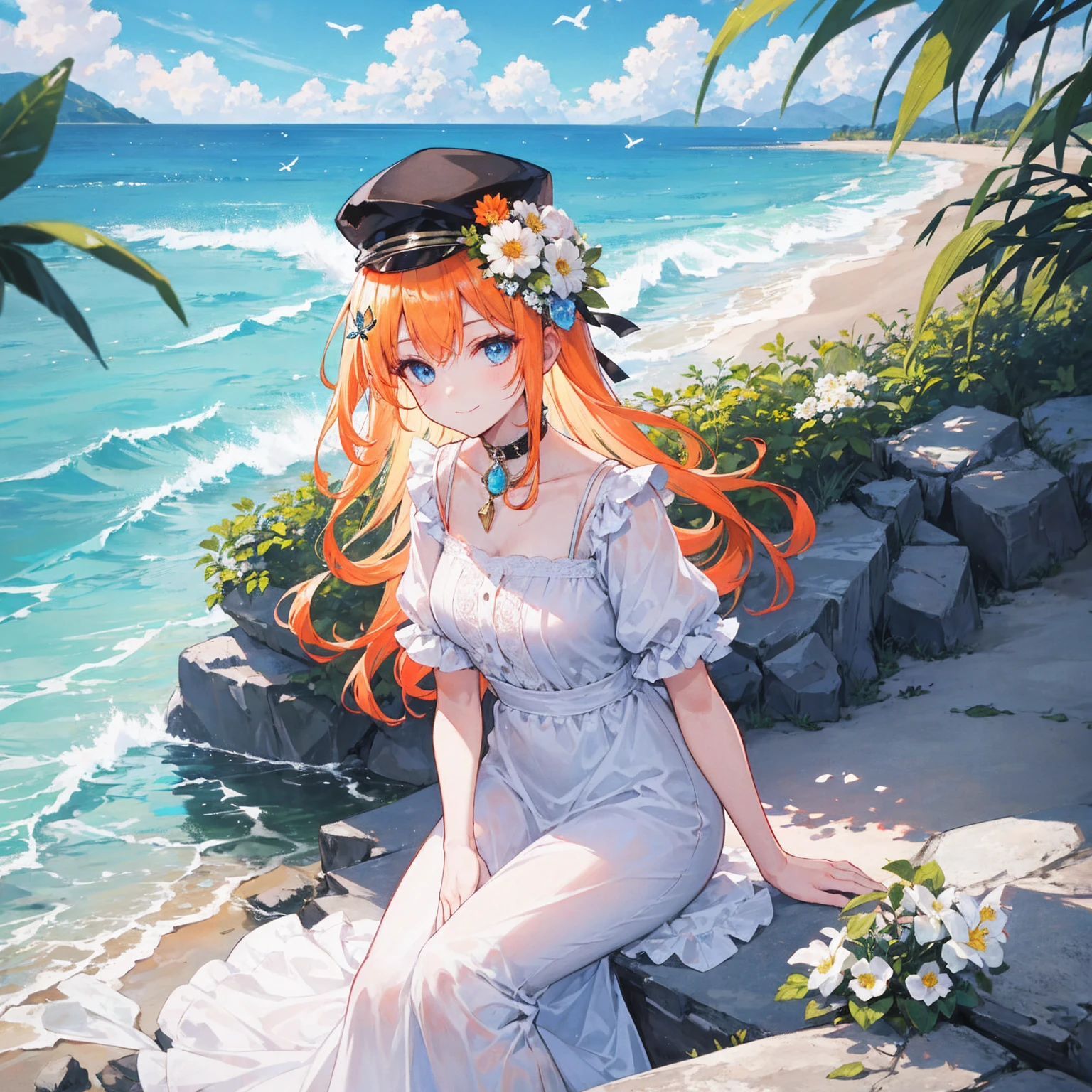 1girl, outdoors, solo, flower, blue eyes, long hair, looking at viewer, long dress, hat, ocean, dress, sitting, white flower, sky, bug, hat flower, day, bangs, butterfly, water, long sleeves, blue sky, rock, cloud, orange dress, blonde hair, horizon, orange headwear, hair ornament, closed mouth, smile, hair flower, short sleeves, looking to the side, bird, scenery, mountainous horizon, red headwear, white dress, Handcuffs on their hands, With a collar around the neck