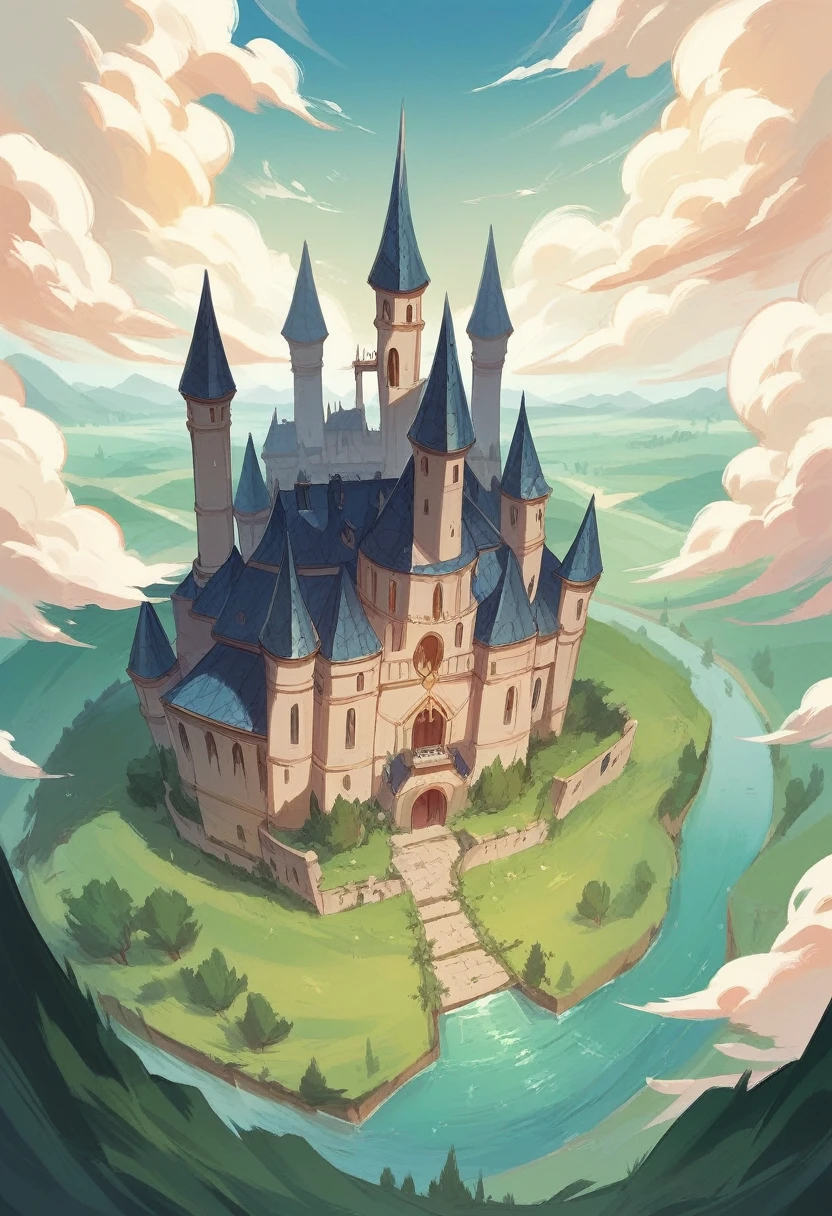 A landscape from above that focuses on the entrance of a castle