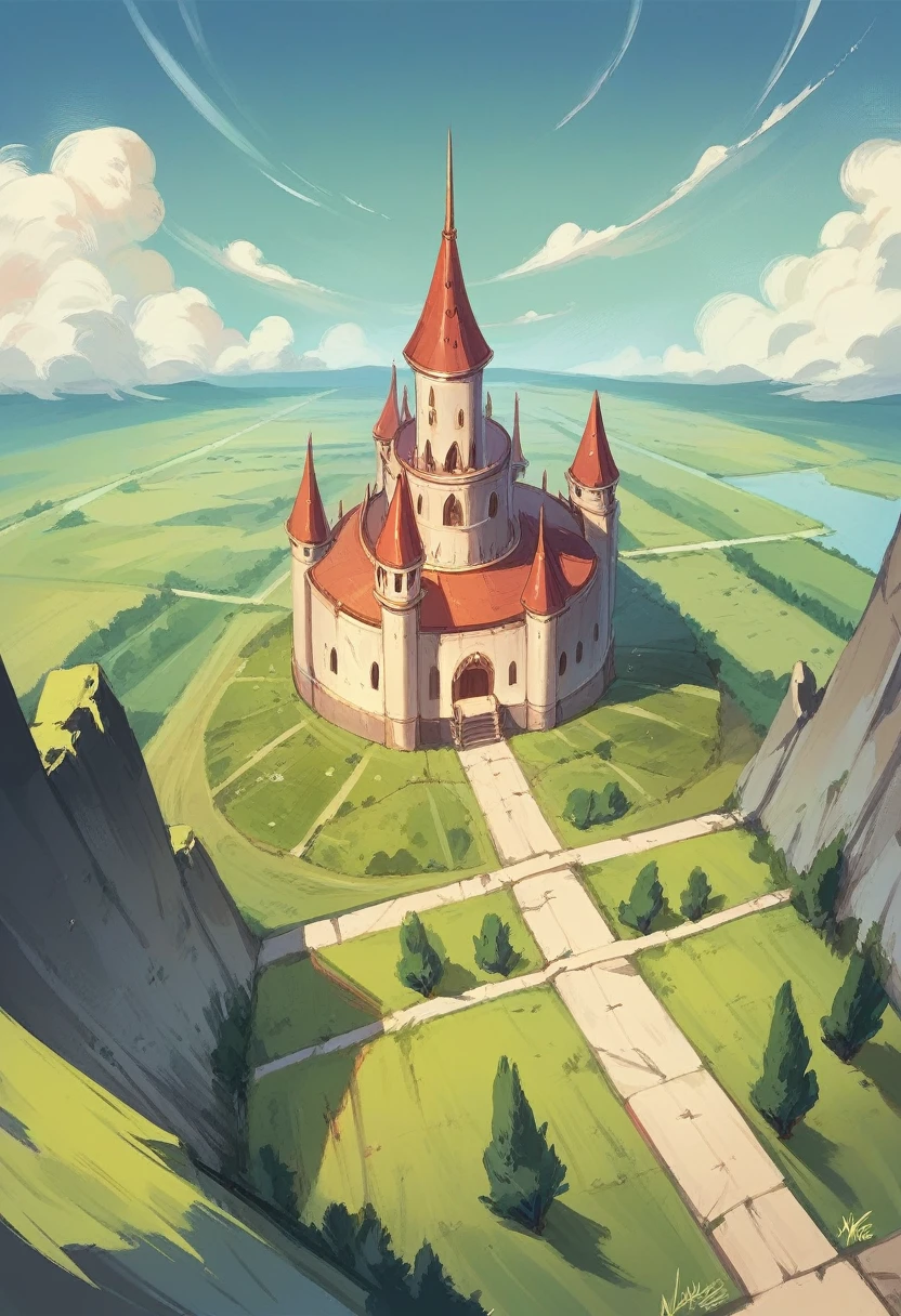 A landscape from above that focuses on the entrance of a castle 