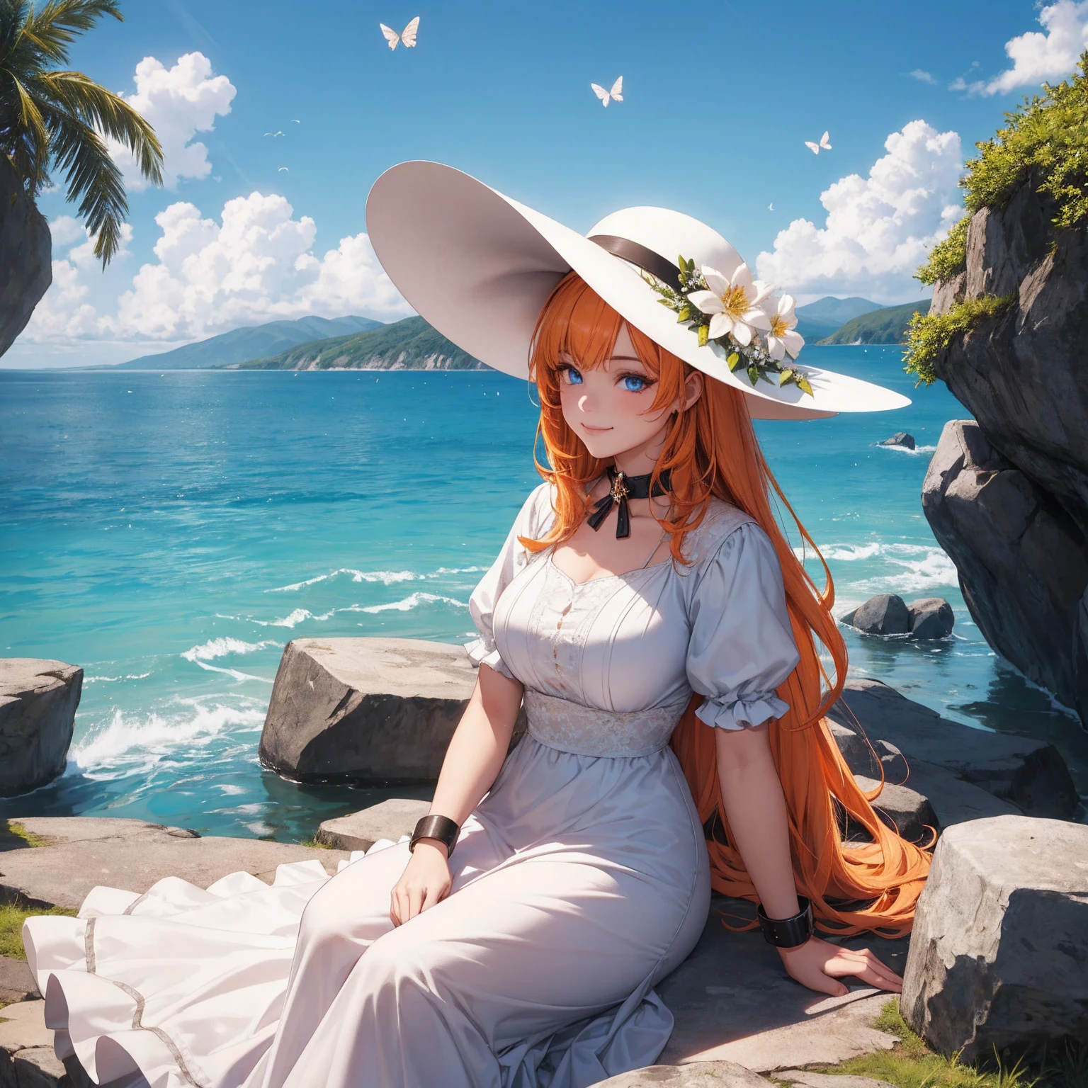 1girl, outdoors, solo, flower, blue eyes, long hair, looking at viewer, long dress, hat, ocean, dress, sitting, white flower, sky, bug, hat flower, day, bangs, butterfly, water, long sleeves, blue sky, rock, cloud, orange dress, blonde hair, horizon, orange headwear, hair ornament, closed mouth, smile, hair flower, short sleeves, looking to the side, bird, scenery, mountainous horizon, red headwear, white dress, Handcuffs on their hands, With a collar around the neck