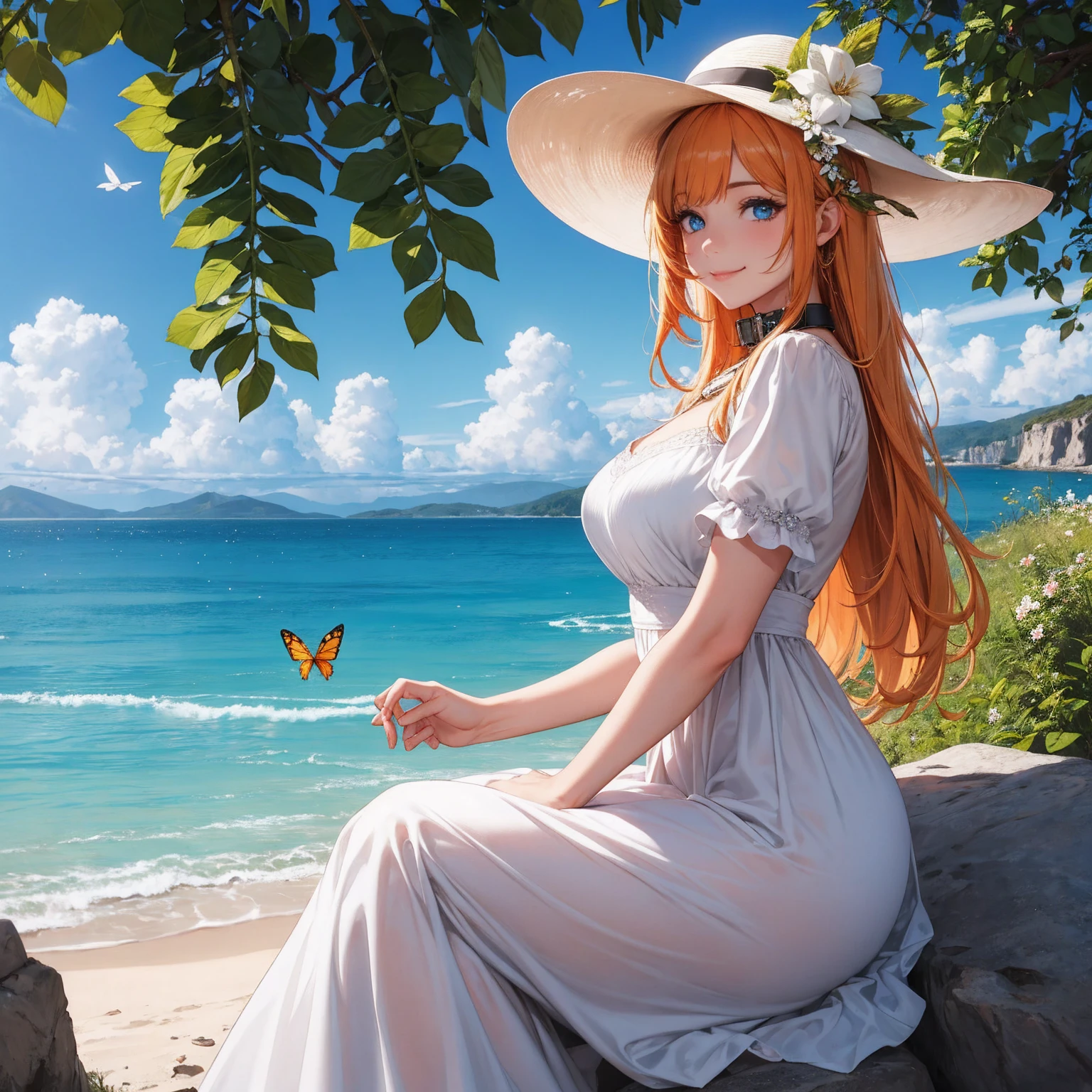 1girl, outdoors, solo, flower, blue eyes, long hair, looking at viewer, long dress, hat, ocean, dress, sitting, white flower, sky, bug, hat flower, day, bangs, butterfly, water, long sleeves, blue sky, rock, cloud, orange dress, blonde hair, horizon, orange headwear, hair ornament, closed mouth, smile, hair flower, short sleeves, looking to the side, bird, scenery, mountainous horizon, red headwear, white dress, Handcuffs on their hands, With a collar around the neck