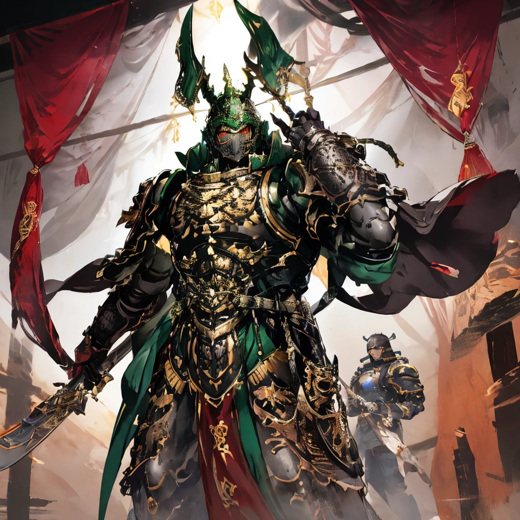 1 Boy,huge，After obtaining the Astarte, Space Marines, ,Green power armor, helmet, Red Eyes, Glowing eyes, indoors, street，In the Forbidden City，There is a golden dragon pattern on the armor，Green armor ，Green armor，Green armor，Green armor，Multiple angles of the mechanical arm on the armor, (masterpiece), (best quality), (Extremely detailed), very beautiful, illustration, Perfect composition, Intricate details, absurd，Chinese Heavy Armor,Chinese Heavy Armor，Chinese Heavy Armor,Chinese Heavy Armor，Chinese Heavy Armor,Chinese Heavy Armor，Astarte，Astarte，Astarte，Astarte，Astarte，Thick mask，Thick mask，Thick mask，Thick mask，Shining green Guandao，Shining green Guandao，Shining green Guandao，Shining green Guandao，Shining green Guandao，Shining green Guandao