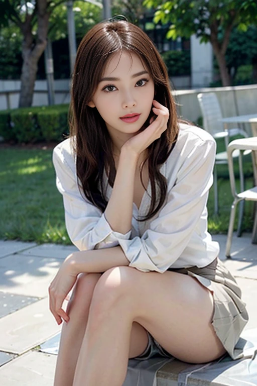 highest quality, Realistically, Very detailed, About pubic hair, High resolution, 8k wallpaper, One beautiful woman, Pink wet lips, Light brown messy hair, Wearing a suit, shirt, White Skirt, Lock focus, Perfect dynamic composition, Beautiful Eyes, Delicate Hair, Detailed Realistically skin texture, smile, Close-up portrait, Model Body Type, On the open terrace of the cafe, Blurred Background, (Full Body Shot), Take photos from a distance, Random body orientation,Sit on a chair、