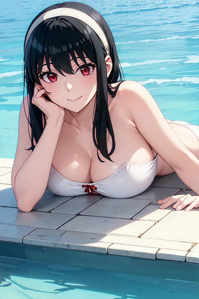 White hair band、Red eyes、Black Hair、Yor Briar、water surface、Lying face down facing the camera、One Girl、water surfaceで寝そべっている、Gravure pose while lying face down、smile、underwear