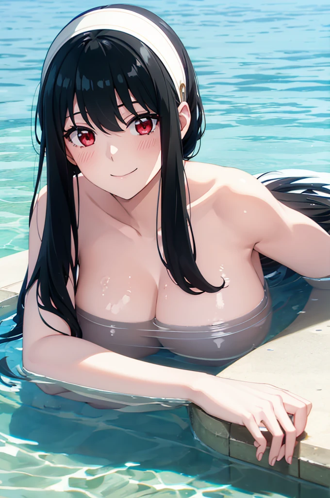 White hair band、Red eyes、Black Hair、Yor Briar、water surface、Lying face down facing the camera、One Girl、water surfaceで寝そべっている、Gravure pose while lying face down、smile、underwear
