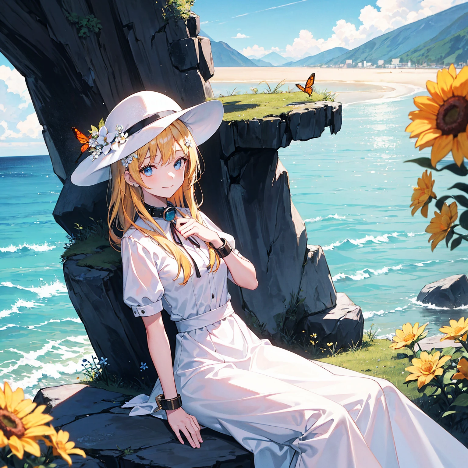 1girl, outdoors, solo, flower, blue eyes, long hair, looking at viewer, long dress, hat, ocean, dress, sitting, white flower, sky, bug, hat flower, day, bangs, butterfly, water, long sleeves, blue sky, rock, cloud, orange dress, blonde hair, horizon, orange headwear, hair ornament, closed mouth, smile, hair flower, short sleeves, looking to the side, bird, scenery, mountainous horizon, red headwear, white dress, Handcuffs on their hands, With a collar around the neck