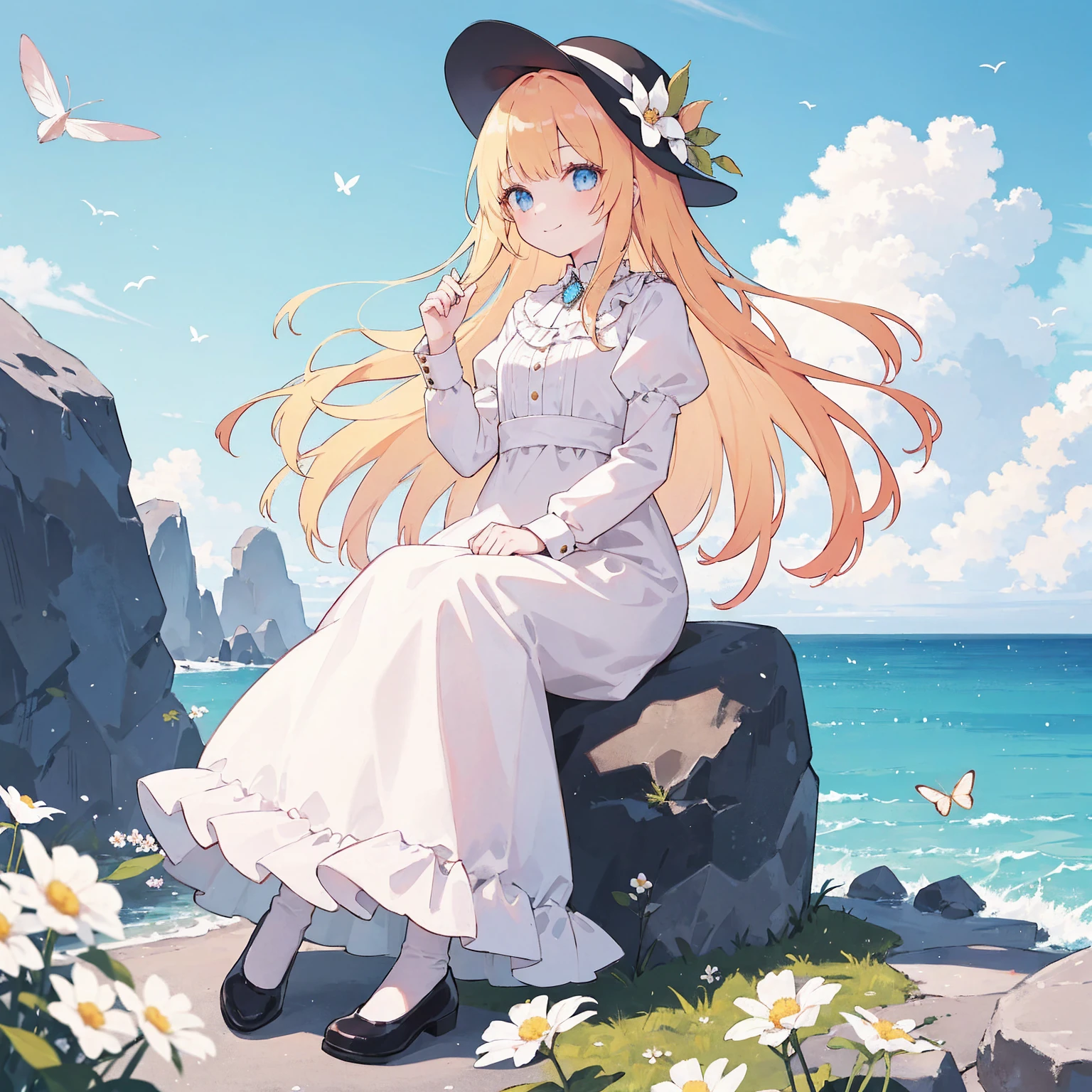 1girl, outdoors, solo, flower, blue eyes, long hair, looking at viewer, long dress, hat, ocean, dress, sitting, white flower, sky, bug, hat flower, day, bangs, butterfly, water, long sleeves, blue sky, rock, cloud, orange dress, blonde hair, horizon, orange headwear, hair ornament, closed mouth, smile, hair flower, short sleeves, looking to the side, bird, scenery, mountainous horizon, red headwear, white dress, Handcuffs on their hands, With a collar around the neck