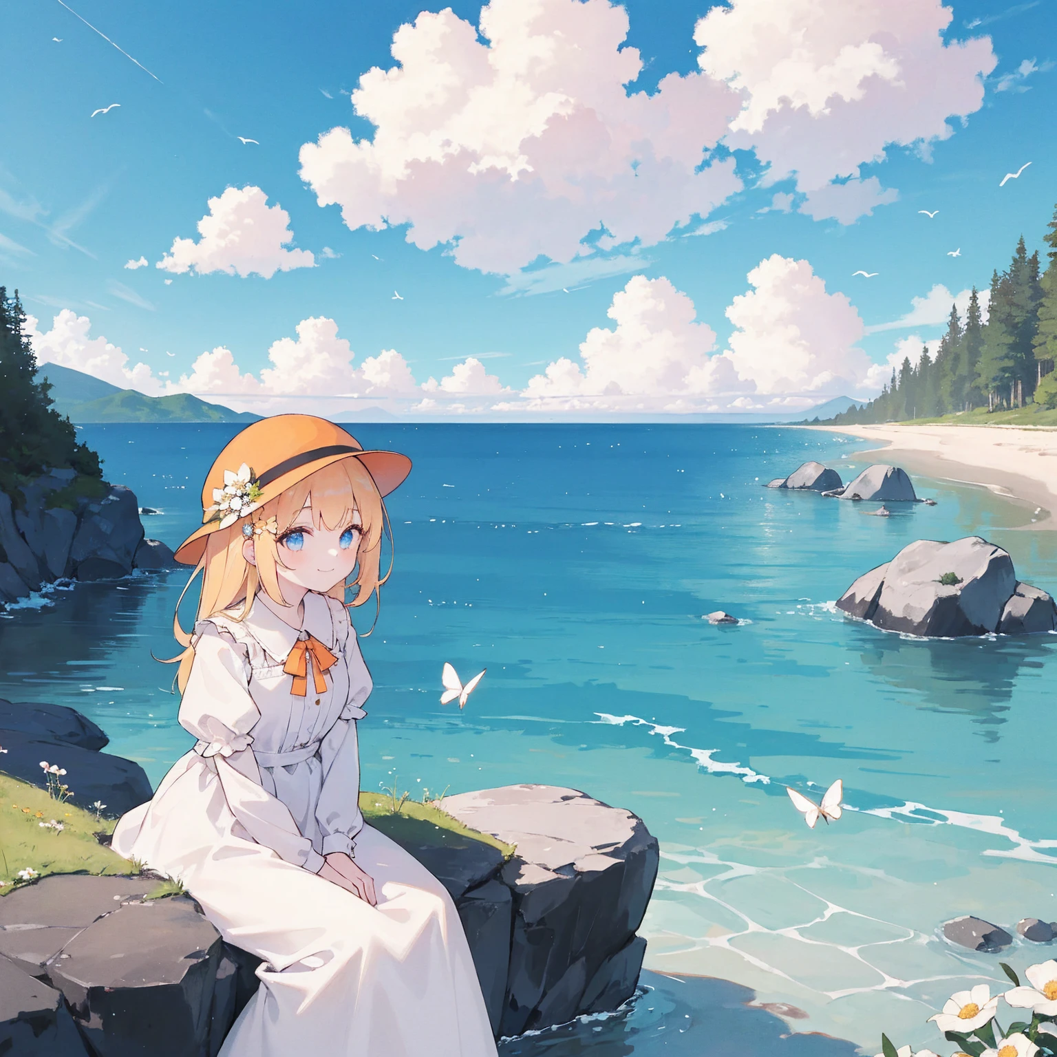 1girl, outdoors, solo, flower, blue eyes, long hair, looking at viewer, long dress, hat, ocean, dress, sitting, white flower, sky, bug, hat flower, day, bangs, butterfly, water, long sleeves, blue sky, rock, cloud, orange dress, blonde hair, horizon, orange headwear, hair ornament, closed mouth, smile, hair flower, short sleeves, looking to the side, bird, scenery, mountainous horizon, red headwear, white dress, Handcuffs on their hands, With a collar around the neck