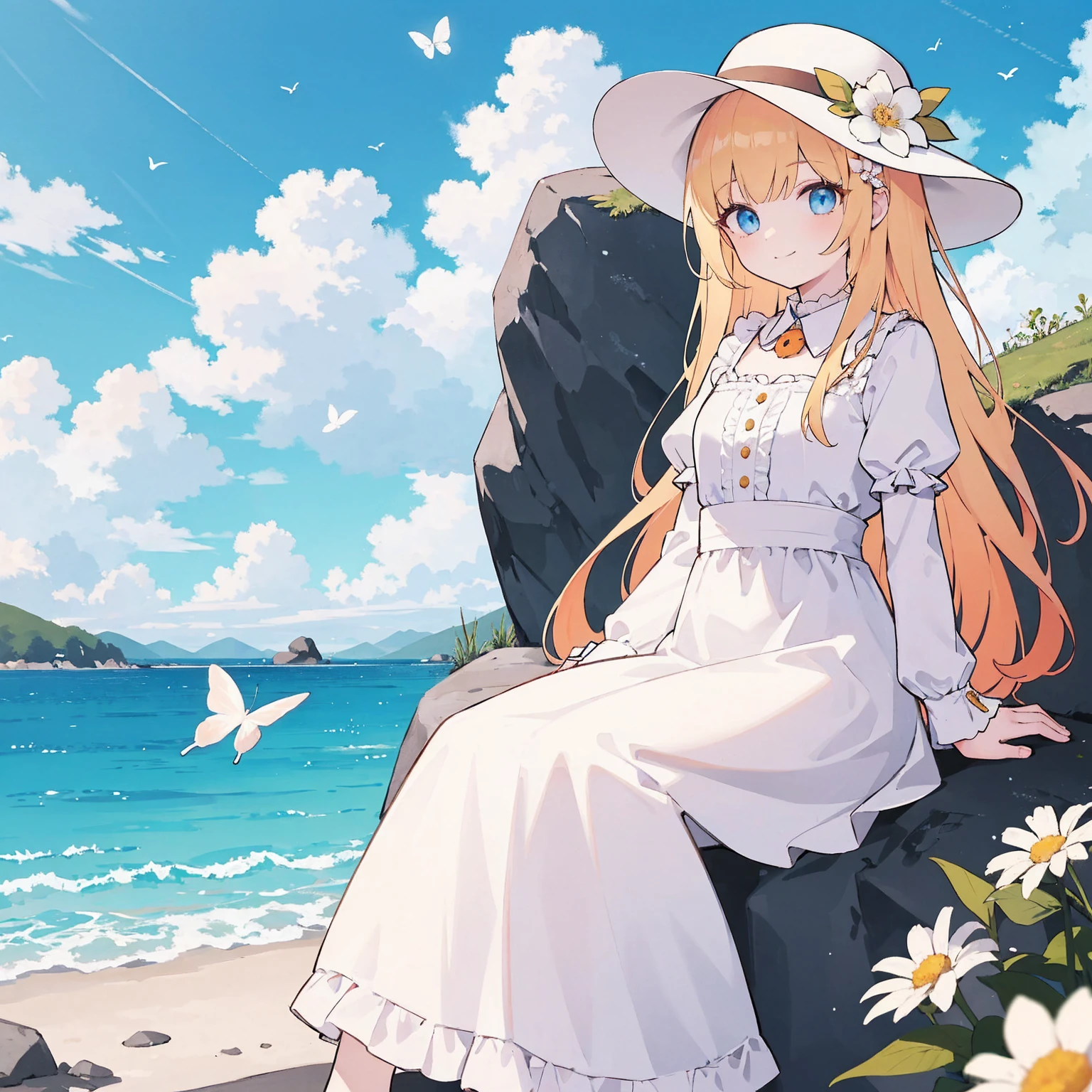 1girl, outdoors, solo, flower, blue eyes, long hair, looking at viewer, long dress, hat, ocean, dress, sitting, white flower, sky, bug, hat flower, day, bangs, butterfly, water, long sleeves, blue sky, rock, cloud, orange dress, blonde hair, horizon, orange headwear, hair ornament, closed mouth, smile, hair flower, short sleeves, looking to the side, bird, scenery, mountainous horizon, red headwear, white dress, Handcuffs on their hands, With a collar around the neck