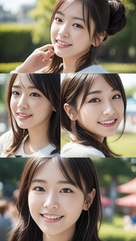 (Surreal), (High resolution), (8K), (Very detailed), (Beautiful and fine details), (Highest quality), (Ultra-detailed), (masterpiece), (Detailed face), Amusement park background、Yui Arakaki's face、huge 、Japanese: Tie your hair up、Laughter、