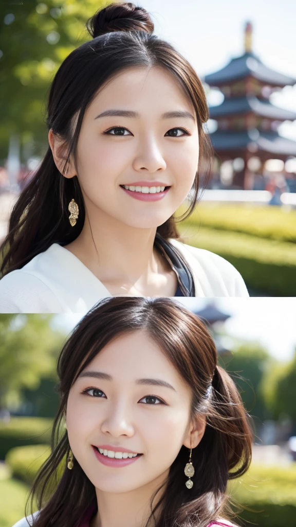 (Surreal), (High resolution), (8K), (Very detailed), (Beautiful and fine details), (Highest quality), (Ultra-detailed), (masterpiece), (Detailed face), Amusement park background、Yui Arakaki's face、huge 、Japanese: Tie your hair up、Laughter、