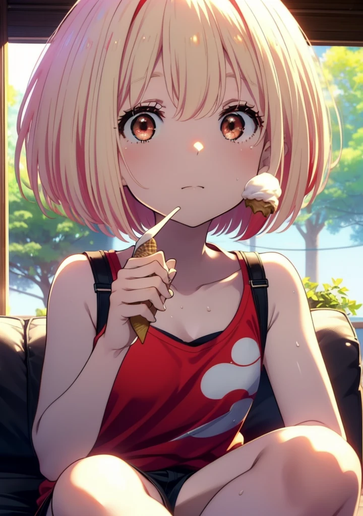  Chisato Nishikigi, short hair, bangs, Blonde, (Red eyes:1.5), Bobcut,smile,Open your mouth,Sweat,Red Tank Top,Shorts,barefoot,barefoot,Sitting on the sofa,Holding an ice cream in one hand,Eating ice cream,Daytime,True Summer,whole bodyがイラストに入るように,
break outdoors,room,
break looking at viewer, whole body,
break (masterpiece:1.2), Highest quality, High resolution, unity 8k wallpaper, (figure:0.8), (Beautiful attention to detail:1.6), Highly detailed face, Perfect lighting, Highly detailed CG, (Perfect hands, Perfect Anatomy),