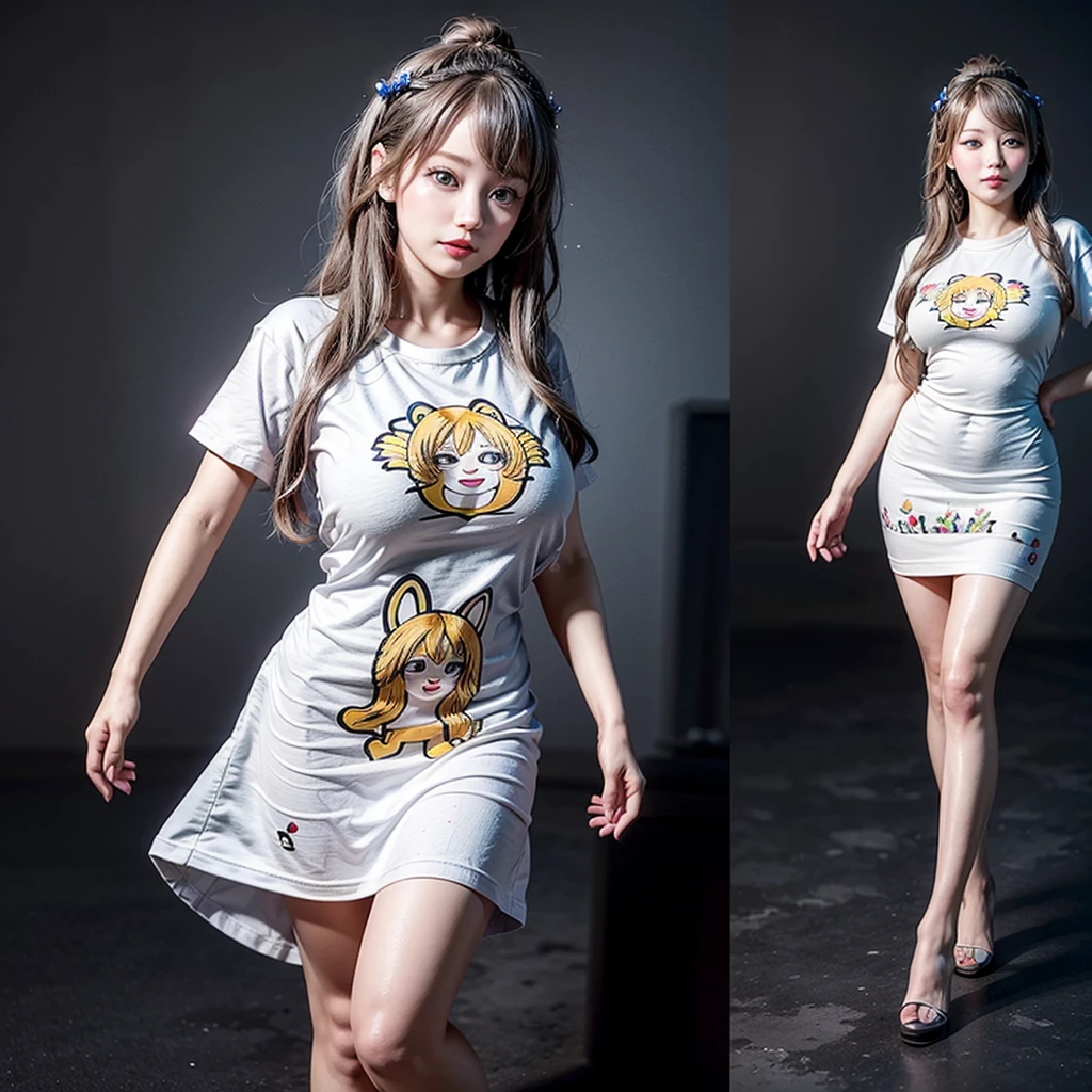 White and Bright Red, (Masterpiece 8K TopQuality:1.2) (ProfessionalPhoto:1.37) ExtremelyDetailed (((FullBody, KAWAII girl with HUGE boobs:1.37)) in (WHITE cotton T-shirt dress:1.28) with (Life-Size her face printed on it:1.37)) detailed (Delicate cotton textures) PerfectLighting (((Studio Dark GRAY Background)) with (Overflowing Oodles Dazzling RainbowColor Particles:1.34)) BREAK (((NOGIZAKA FaceVariations))), Extremely Detailed (very KAWAII Face), Childish CaptivatingGaze Stunning ParfectEyes ElaboratePupils with (SparklingHighlights:1.28), DoubleEyelids with (Detailed Voluminous LongEyelashes:0.88), Small GlossyRedLips with BeautifulDetails, CoquettishTongue, PUNIPUNI RosyCheeks, Radiant PearlSkin with Transparency, Glowing DowneyHair . { (Dynamic Joyful expressions LifeLike Rendering:1.4) | (:d) }, (large eyes:-1) .