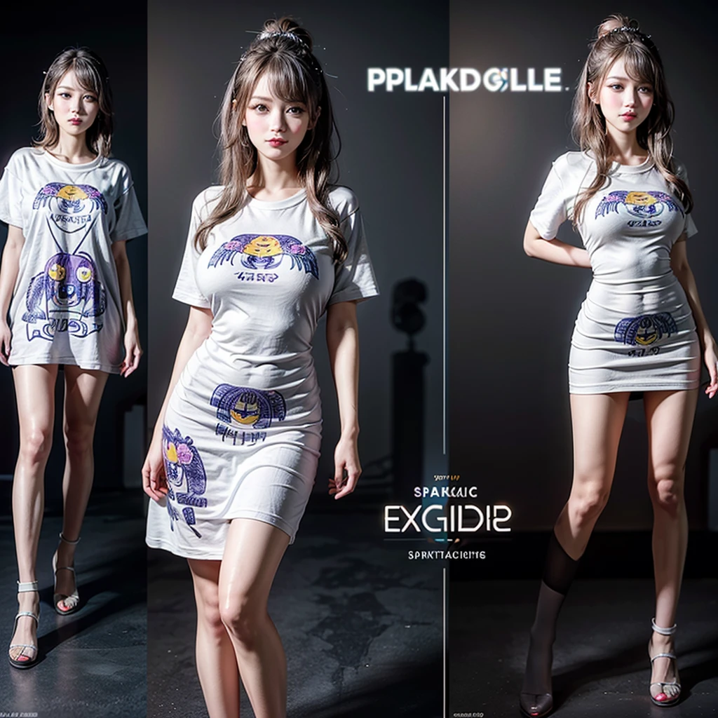 White and Bright Red, (Masterpiece 8K TopQuality:1.2) (ProfessionalPhoto:1.37) ExtremelyDetailed (((FullBody, KAWAII girl with HUGE boobs:1.37)) in (WHITE cotton T-shirt dress:1.28) with (Life-Size her face printed on it:1.37)) detailed (Delicate cotton textures) PerfectLighting (((Studio Dark GRAY Background)) with (Overflowing Oodles Dazzling RainbowColor Particles:1.34)) BREAK (((NOGIZAKA FaceVariations))), Extremely Detailed (very KAWAII Face), Childish CaptivatingGaze Stunning ParfectEyes ElaboratePupils with (SparklingHighlights:1.28), DoubleEyelids with (Detailed Voluminous LongEyelashes:0.88), Small GlossyRedLips with BeautifulDetails, CoquettishTongue, PUNIPUNI RosyCheeks, Radiant PearlSkin with Transparency, Glowing DowneyHair . { (Dynamic Joyful expressions LifeLike Rendering:1.4) | (:d) }, (large eyes:-1) .