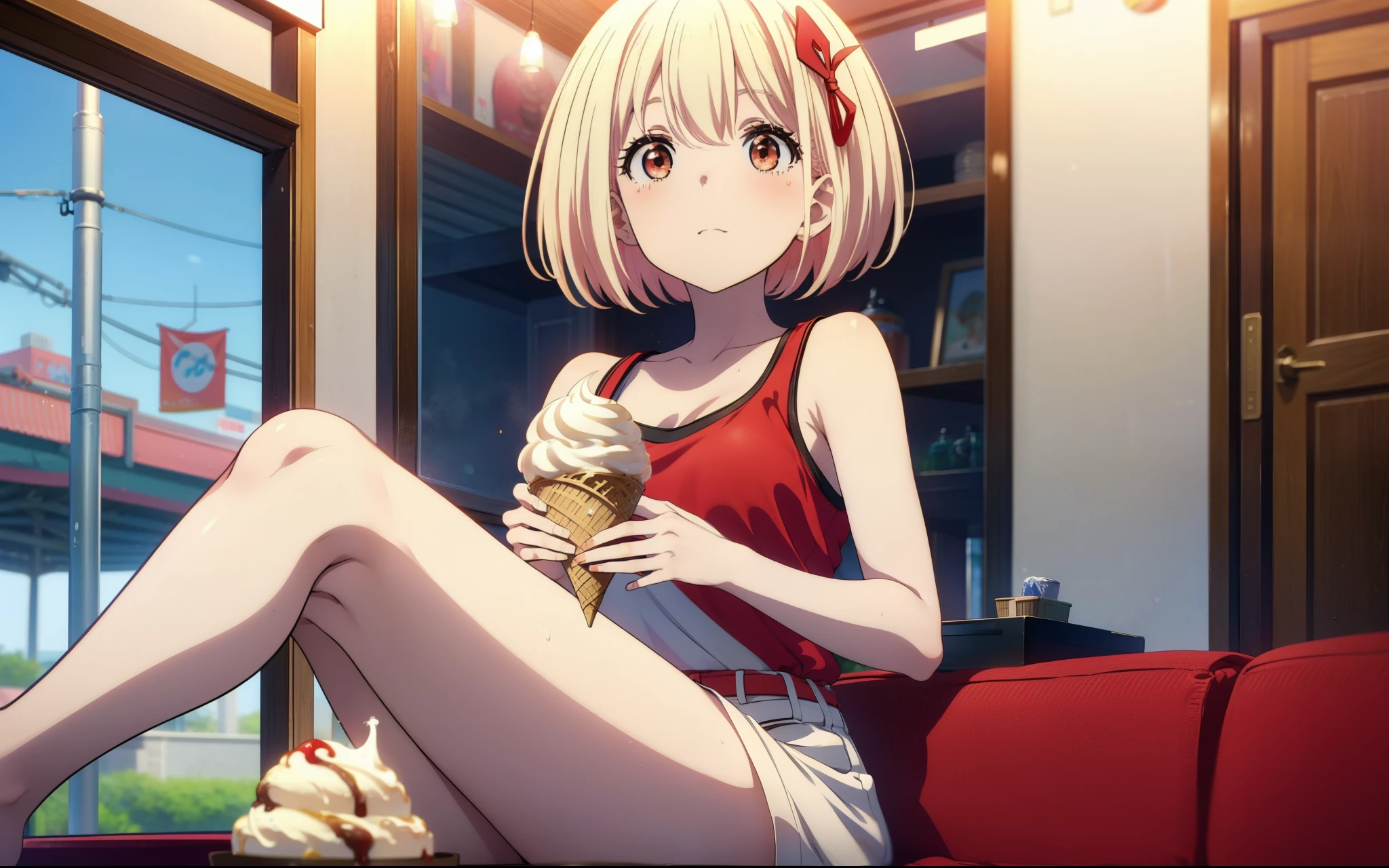 Chisato Nishikigi, short hair, bangs, Blonde, (Red eyes:1.5), Bobcut,smile,Open your mouth,Sweat,Red Tank Top,Shorts,barefoot,barefoot,Sitting on the sofa,Holding an ice cream in one hand,Eating ice cream,Daytime,True Summer,whole bodyがイラストに入るように,
break outdoors,room,
break looking at viewer, whole body,
break (masterpiece:1.2), Highest quality, High resolution, unity 8k wallpaper, (figure:0.8), (Beautiful attention to detail:1.6), Highly detailed face, Perfect lighting, Highly detailed CG, (Perfect hands, Perfect Anatomy),