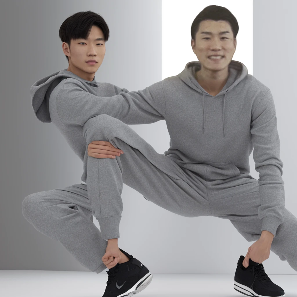 Full body of one man、upright、Gray hoodie、Long sleeves、Detailed hands、Not posing、Calm pose、Asian、Pure white background、With arms outstretched、Wearing jet black trousers、Long length、Black sneakers、Both arms are straight、joint、Natural Joints