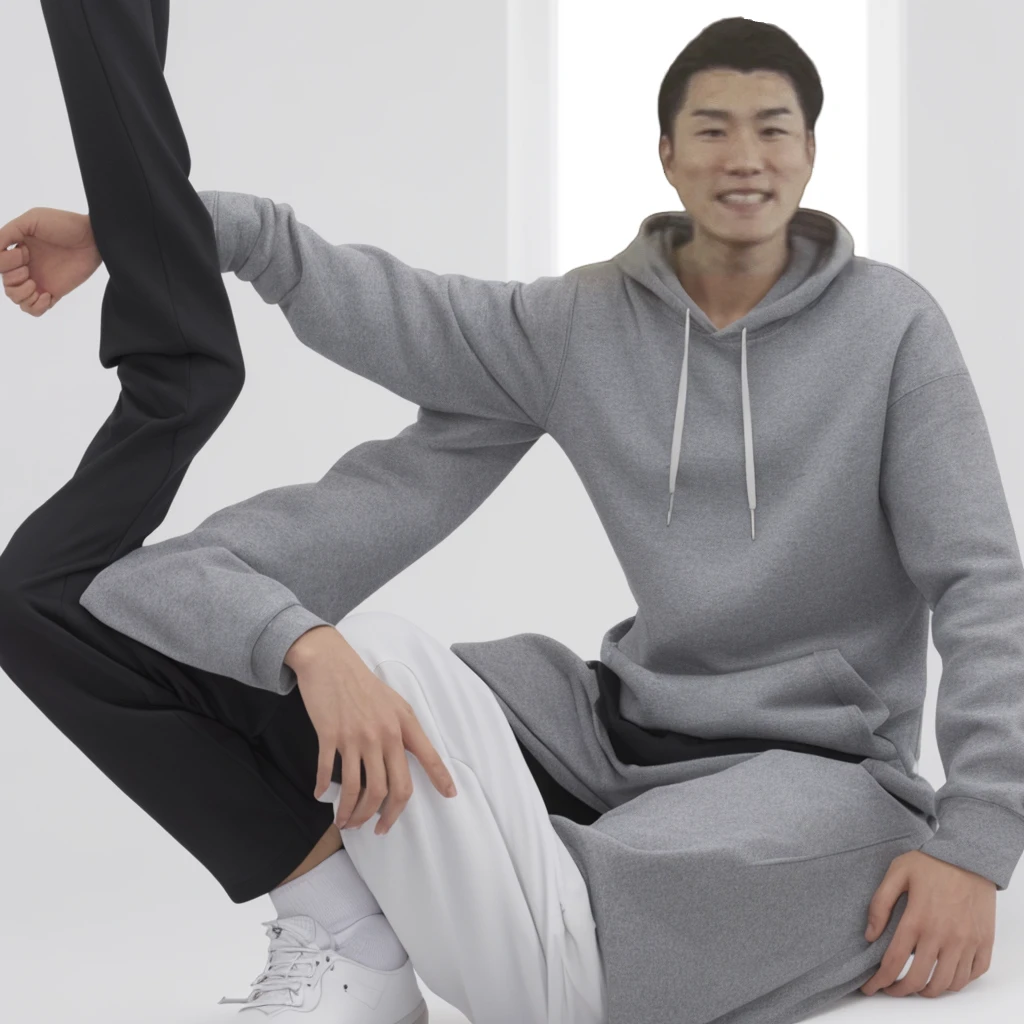 Full body of one man、upright、Gray hoodie、Long sleeves、Detailed hands、Not posing、Calm pose、Asian、Pure white background、With arms outstretched、Wearing jet black trousers、Long length、Black sneakers、Both arms are straight、joint、Natural Joints