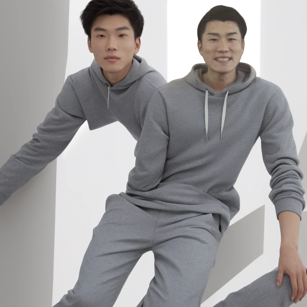Full body of one man、upright、Gray hoodie、Long sleeves、Detailed hands、Not posing、Calm pose、Asian、Pure white background、With arms outstretched、Wearing jet black trousers、Long length、Black sneakers、Both arms are straight、joint、Natural Joints