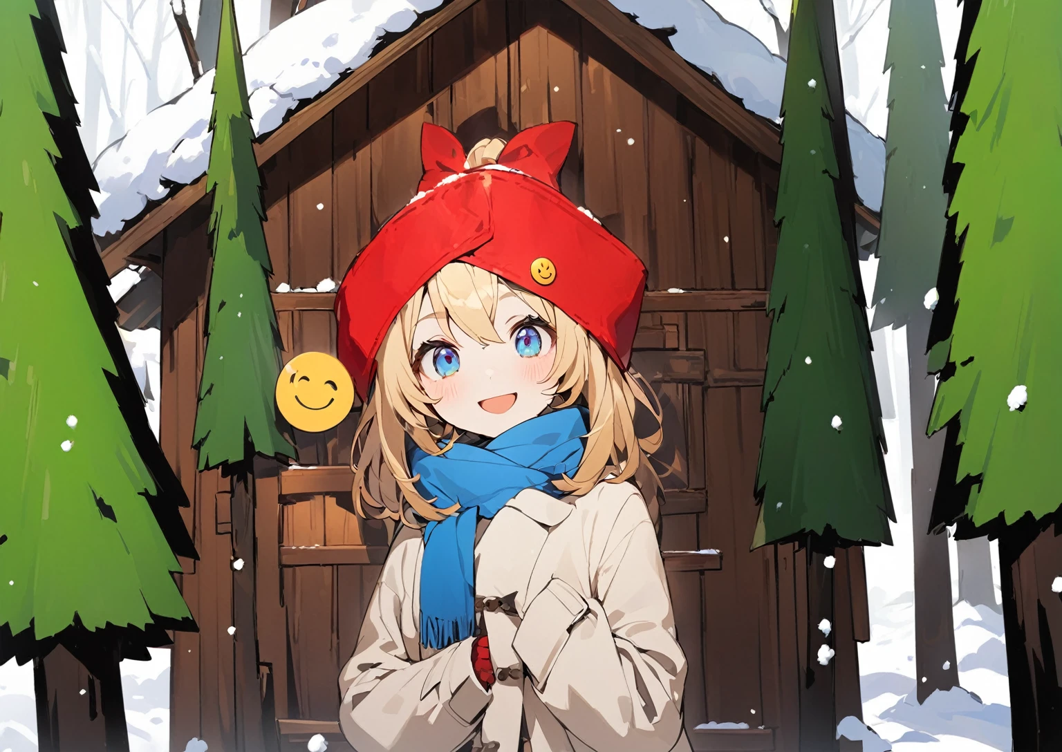 winter forest, snow covered tree house, green tree, 1 woman, smiley face, golden hair, shot, blue shawl, beige coat, red gloves,