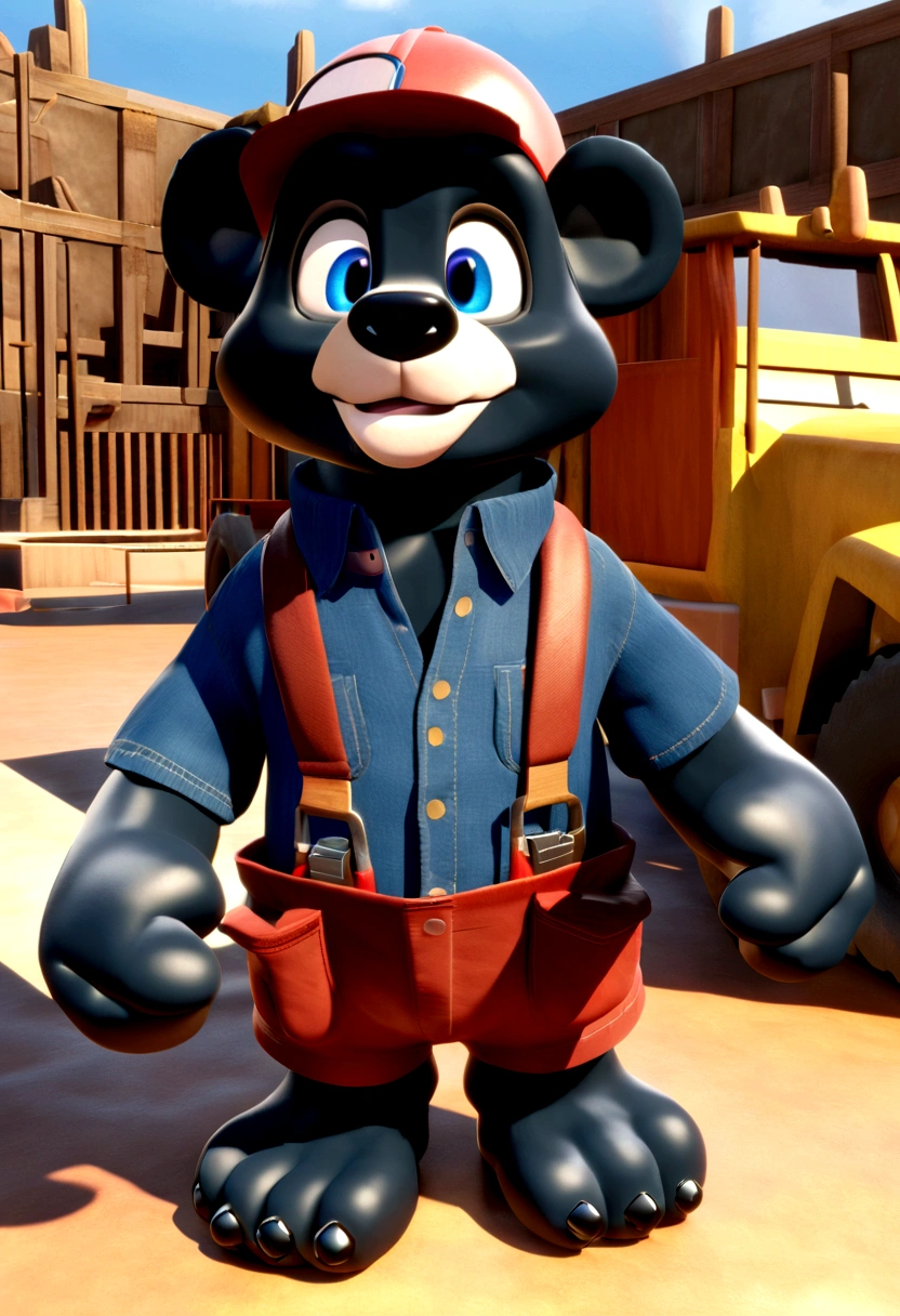 a Disney Pixar movie poster showing a friendly medium sized black bear smiling. The black bear is dressed as a handyman and is hairy and furry. The black bear also has a bright blue collar around its neck and has colored eyes. The black bear is also holding a wrench in its hand. The background is a construction zone. 3D-rendering