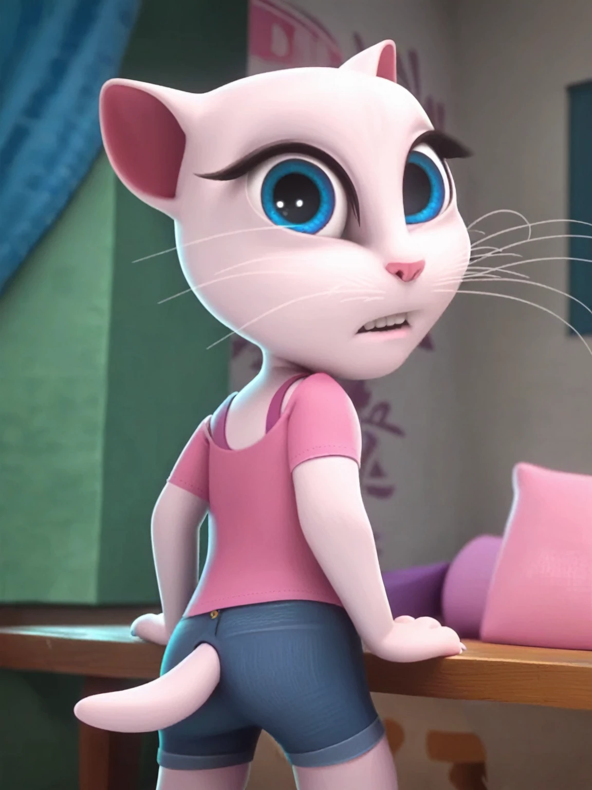solo focus, a_la, 1girl, cat, white fur, long whiskers on both sides of the face, large bright blue eyes, large black eyelashes, small pink nose, triangular ears with pink channels, G-Whiz position, short jeans, looking back, score_9, score_8_up, score_7_up,