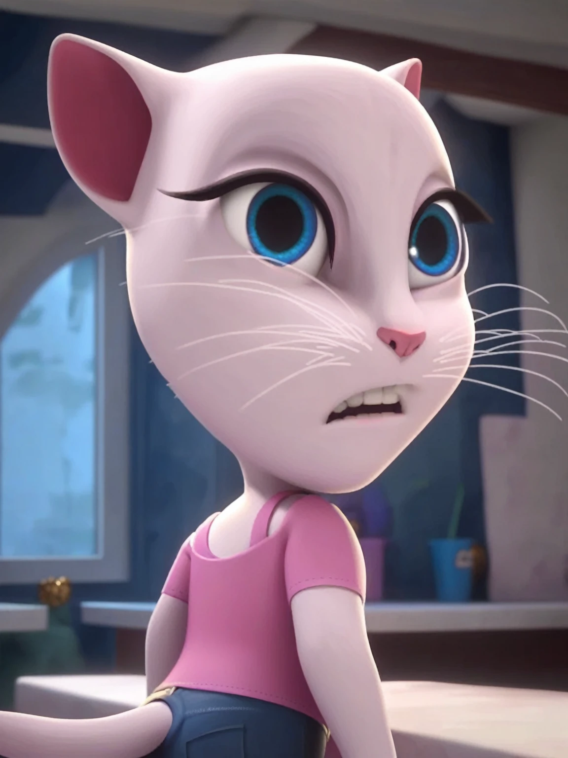 solo focus, a_la, 1girl, cat, white fur, long whiskers on both sides of the face, large bright blue eyes, large black eyelashes, small pink nose, triangular ears with pink channels, G-Whiz position, short jeans, looking back, score_9, score_8_up, score_7_up,