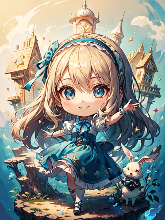 fantasy00d, (Alice in Wonderland), ((Highest quality)), ((masterpiece)), (detailed), Perfect Face, Perfect Arms, anime, Ultra-fine illustration, (A cute girl and a white rabbit), {Playing Cards}, ((Chibi Character)), Blonde, Blue Eyes, Long Hair, (Blue Hairband), Short sleeve, (smile:1.3),