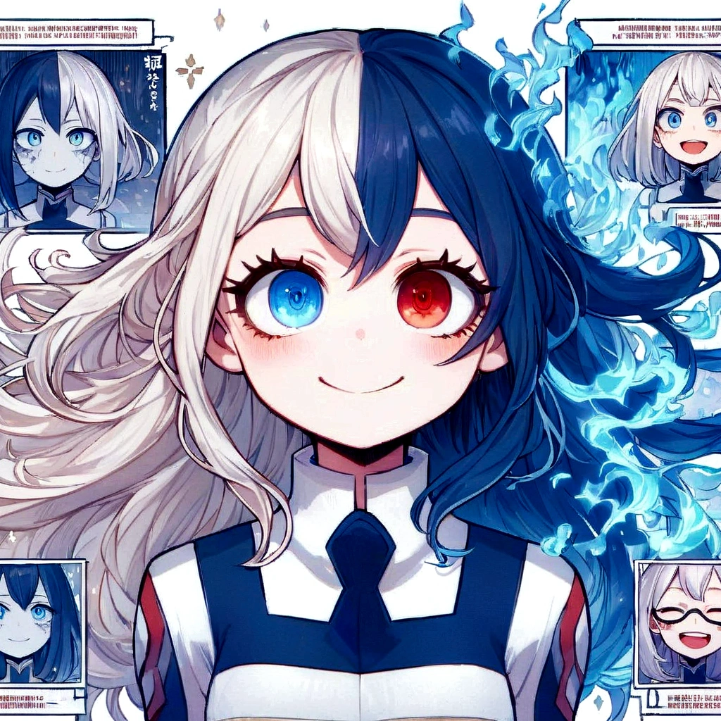Boku no hero anime one with long hair half white and blue with one blue eye and the other red, delicate bangs covering the forehead with strands going up to the neck, age:14 years style: gentle shy childlike appearance smiling height 1,54 power: blue fire and decay and red wings